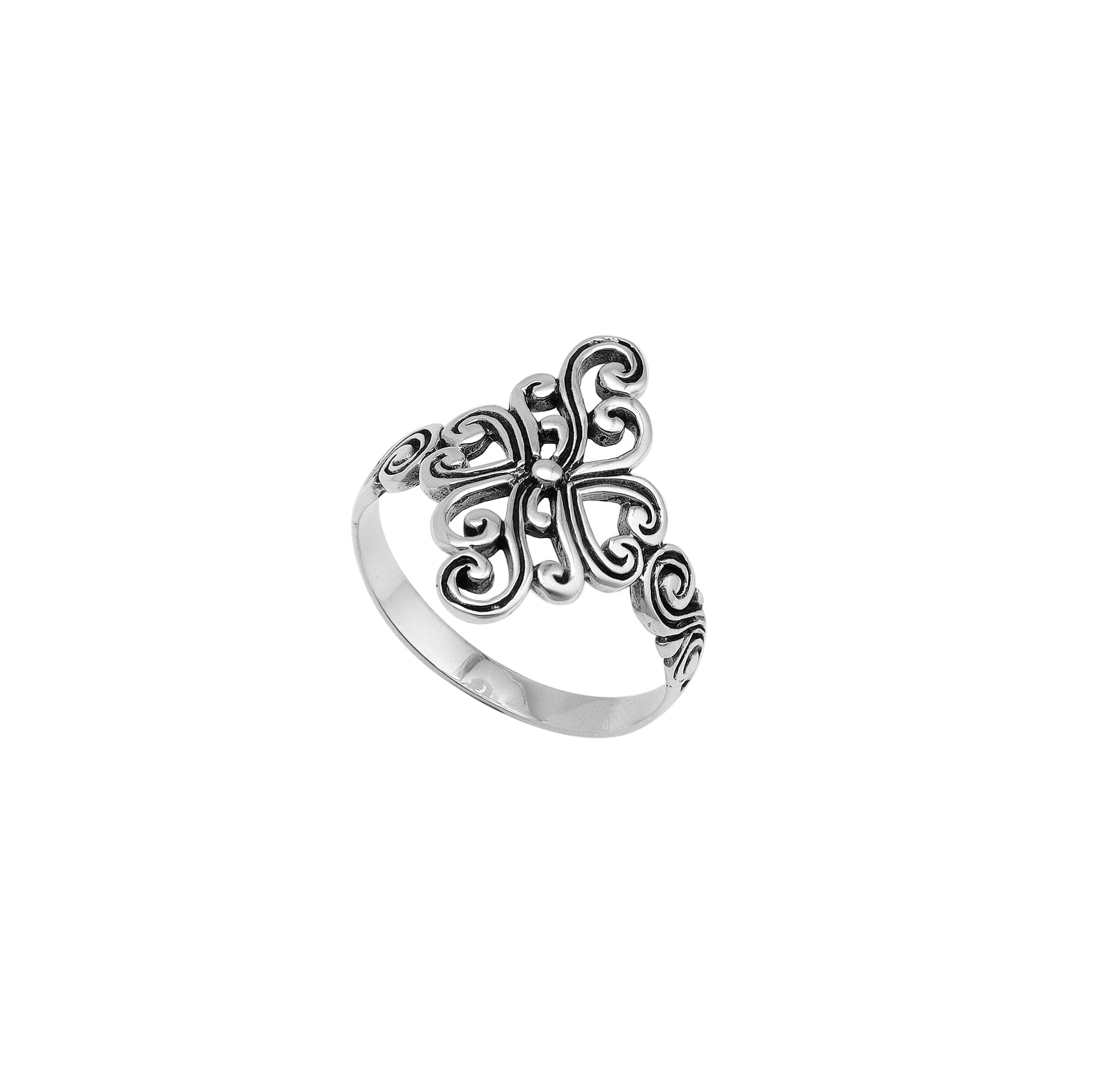 Wholesale sterling silver adjustable ring with floral swirl Balinese scroll design, handcrafted artisan jewelry from Bali.
