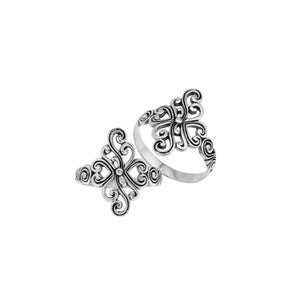 Wholesale sterling silver adjustable ring with floral swirl Balinese scroll design, handcrafted artisan jewelry from Bali.