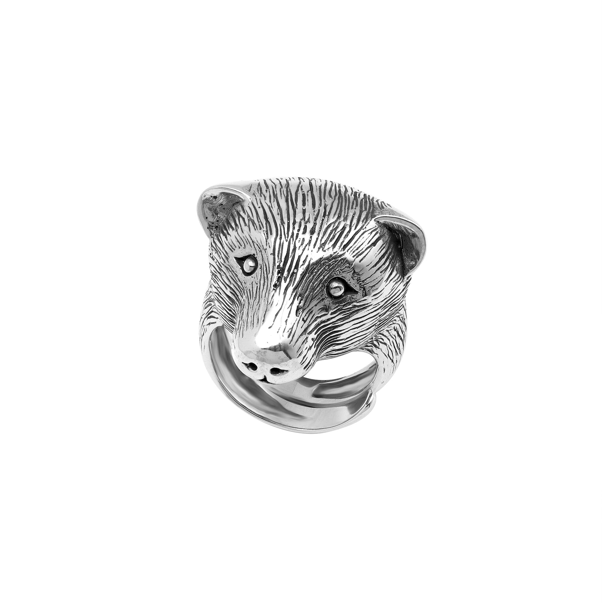 Wholesale sterling silver bear head ring with detailed 3D animal design, handcrafted men’s statement jewelry from Bali.