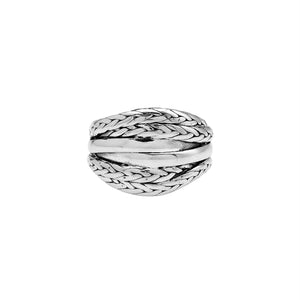 Wholesale sterling silver braided dome ring with rope pattern and polished silver bands, handcrafted artisan jewelry from Bali.