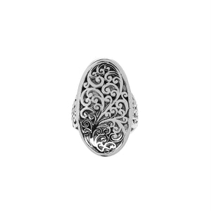 Wholesale sterling silver oval filigree ring with intricate Balinese scrollwork and oxidized antique finish – handcrafted artisan jewelry for bulk buyers and resellers.