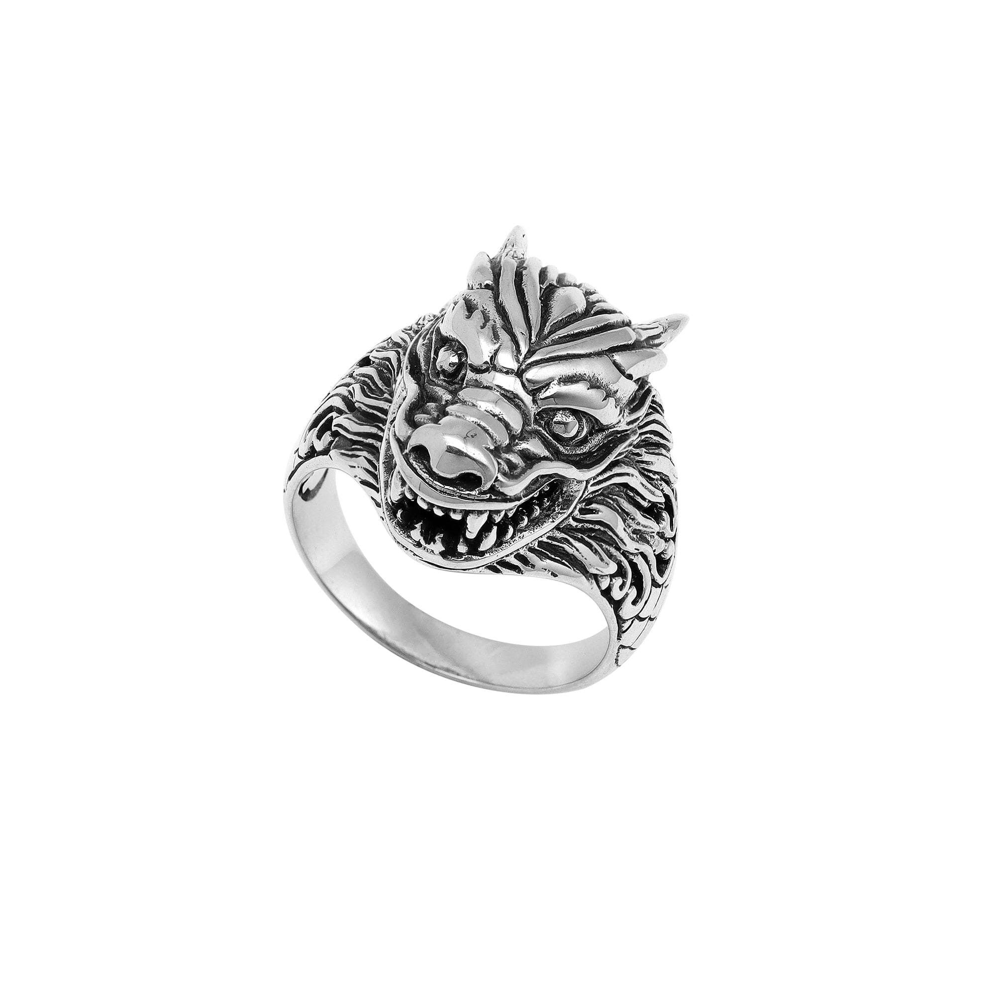 Wholesale sterling silver dragon head statement ring with intricate Balinese carvings and oxidized antique finish – handcrafted artisan jewelry for bulk buyers and resellers.
