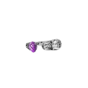 Wholesale sterling silver dragon head bypass ring with faceted Amethyst Quartz and detailed Balinese carvings – handcrafted artisan jewelry for bulk buyers and resellers.
