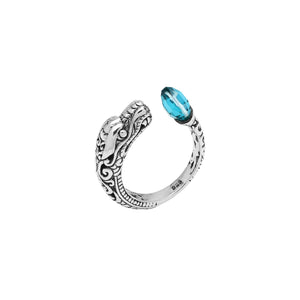 Wholesale sterling silver dragon bypass ring with faceted Blue Topaz Quartz, handcrafted Bali artisan jewelry, adjustable design.
