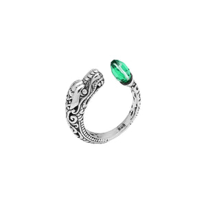 Wholesale sterling silver dragon head ring with faceted Green Quartz , handcrafted Balinese jewelry with intricate carvings and adjustable open band.