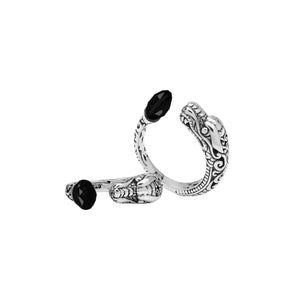 Wholesale sterling silver dragon head bypass ring with faceted Black Onyx, handcrafted in Bali with detailed carvings.