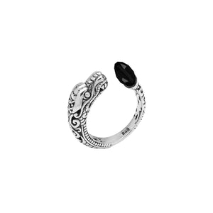 Wholesale sterling silver dragon head bypass ring with faceted Black Onyx, handcrafted in Bali with detailed carvings.