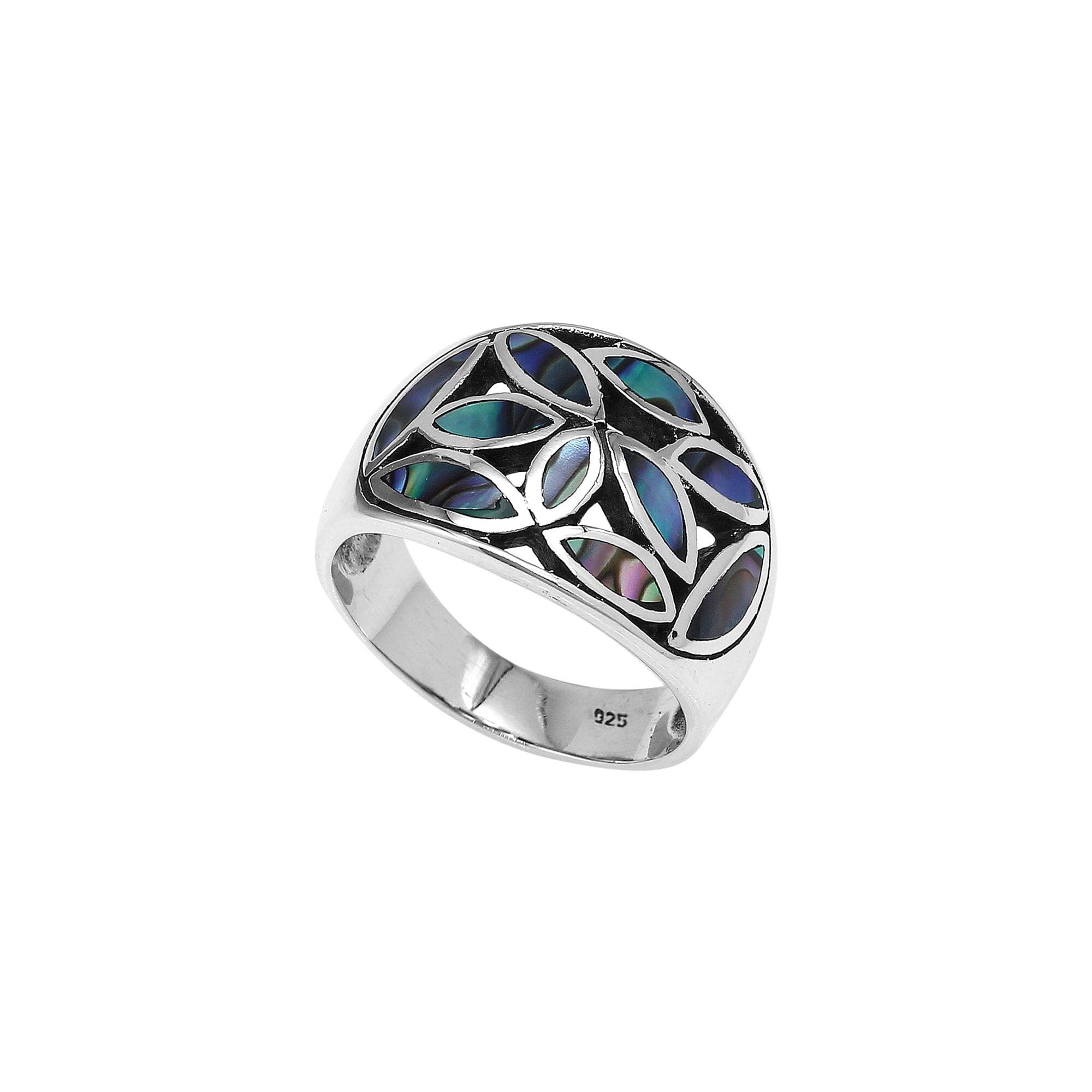 Wholesale sterling silver wide band ring with genuine Abalone Shell inlay, handcrafted Bali artisan jewelry with mosaic leaf design.