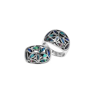 Wholesale sterling silver wide band ring with genuine Abalone Shell inlay, handcrafted Bali artisan jewelry with mosaic leaf design.