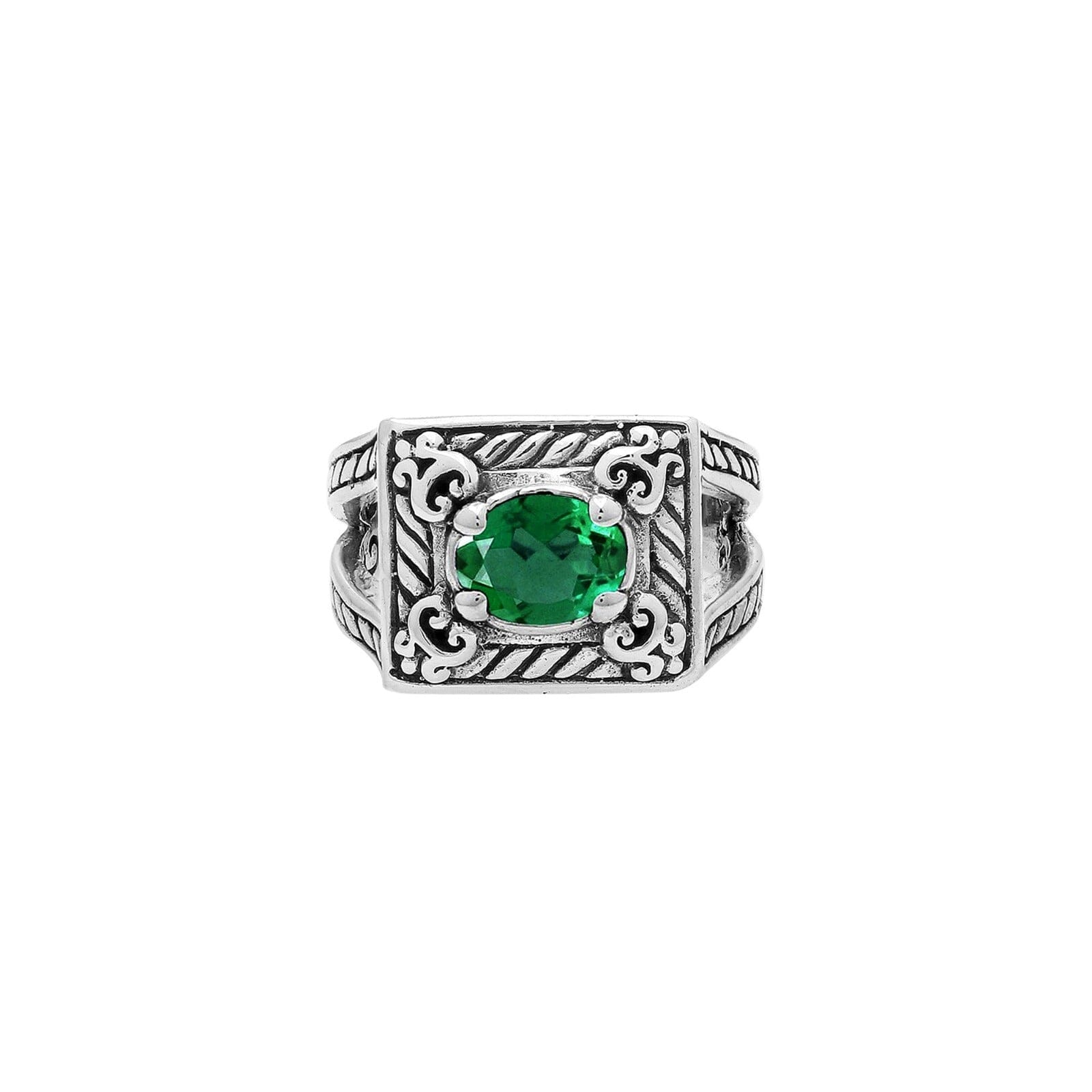Sterling Silver Balinese Rectangular Ring With Green Quartz For Wholesale