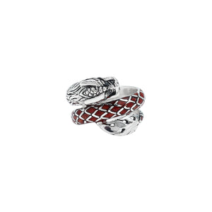 Sterling Silver Dragon Wrap Ring With Red Coral Inlay And Polished Finish