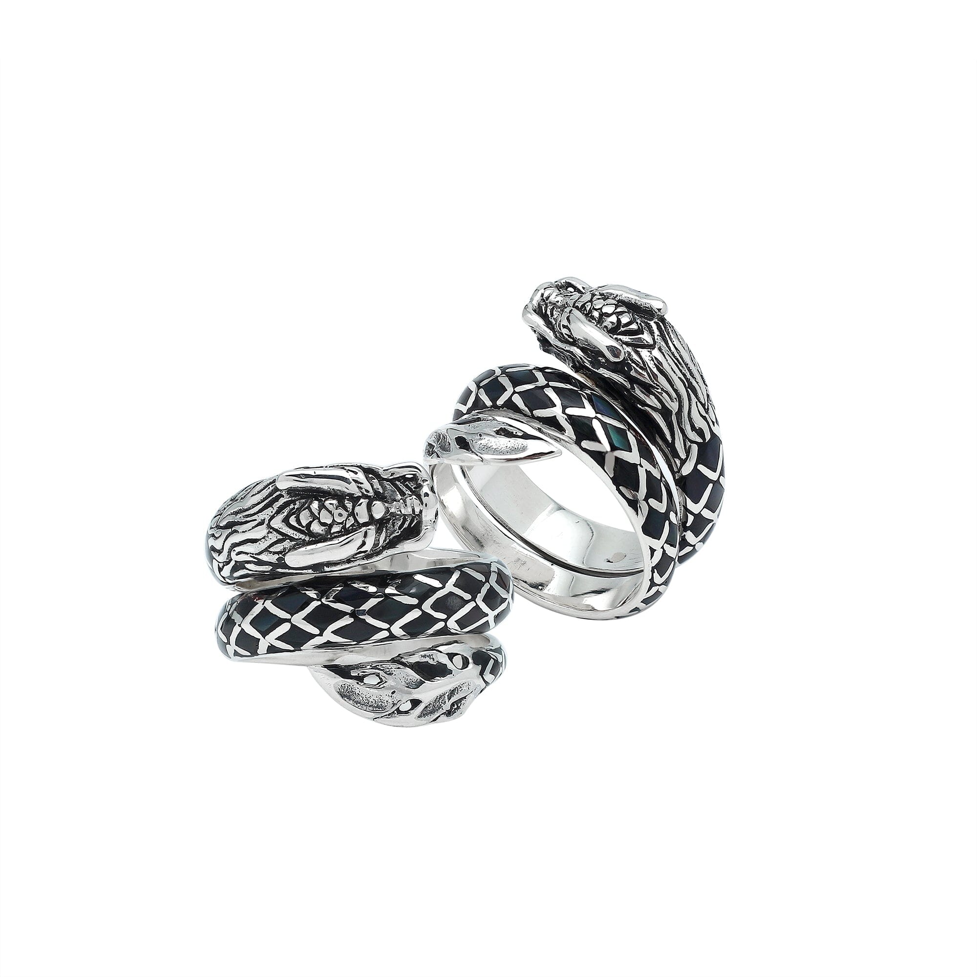 Sterling Silver Dragon Wrap Ring With Black Shell Inlay And Polished Finish
