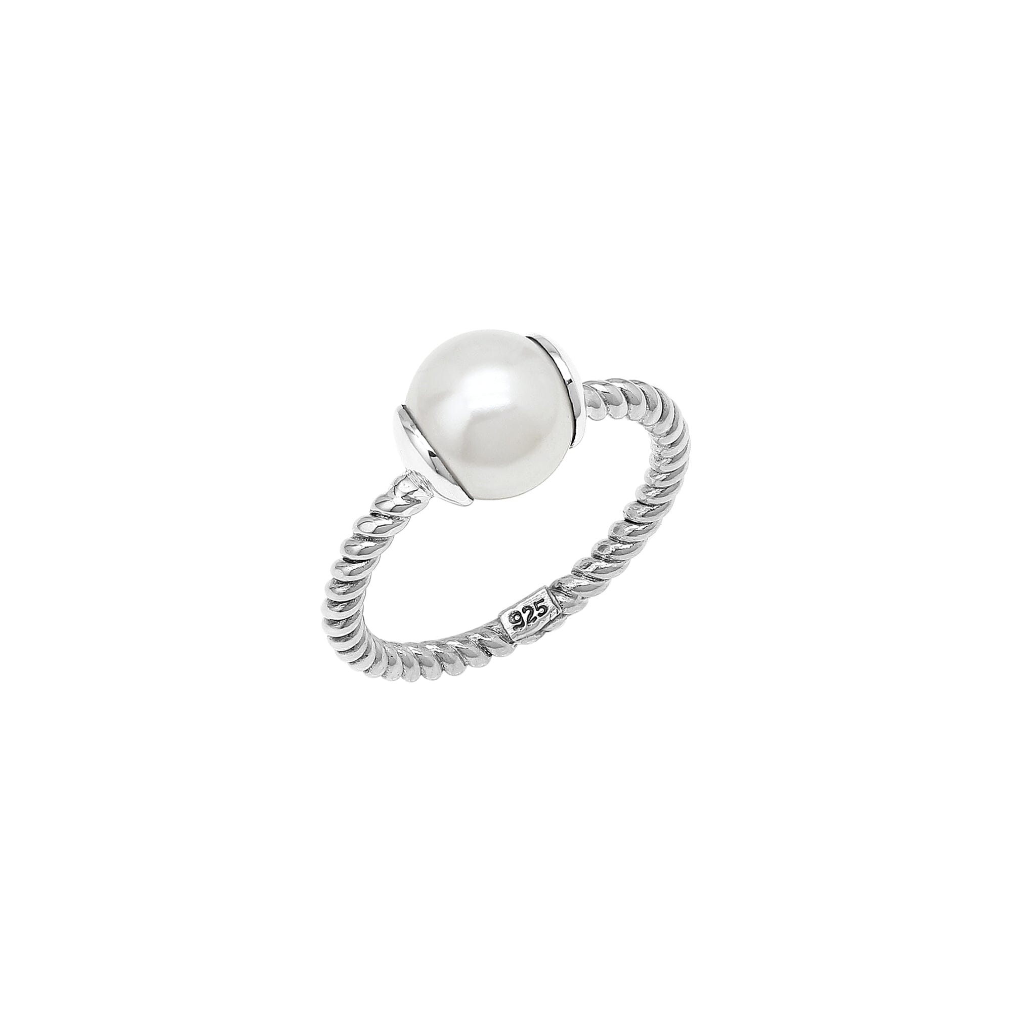 Sterling Silver Twisted Band Ring With Pearl Ends And Polished Finish