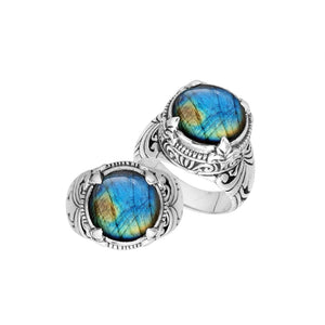 Sterling Silver Round Shape Labradorite Ring With Detailed Balinese Carving