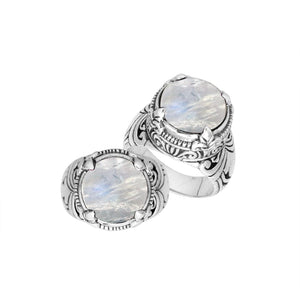 Sterling Silver Round Shape Rainbow Moonstone Ring With Detailed Balinese Carving