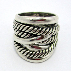 Sterling Silver Twisted Rope Texture Wide Band Balinese Luxury Statement Ring With Polished Finish.