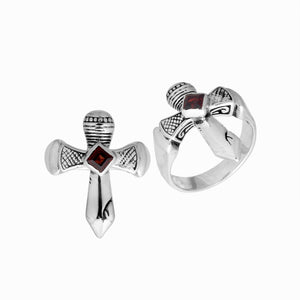 Sterling Silver handcrafted ring with Garnet gemstone wholesale from Bali, Indonesia in cross design