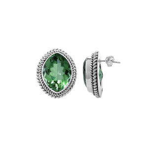 Sterling Silver Stud Earrings With Green Quartz Oval Stone And Rope Frame