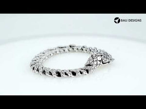 Wholesale sterling silver dragon-scale textured bangle featuring a woven chain structure and secure hook lock, crafted with bold Balinese artisan detailing for premium collections.