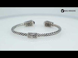 Sterling silver handcrafted bangle with amethyst quartz, twisted rope Balinese cuff.