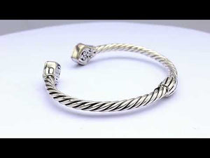 Wholesale Sterling Silver With 18K Gold Diamond Double Heart Cable Cuff Bracelet