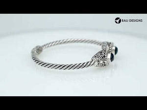 Sterling silver handcrafted bangle with sapphire quartz, twisted rope Balinese cuff.