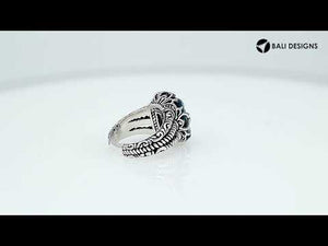 Sterling Silver London Blue Topaz Quartz Emerald Cut Rope Design Heritage Ring With Balinese Craft Detailing.