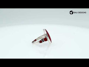 Wholesale sterling silver oval Red Coral ring with side inlays, handcrafted artisan jewelry in .925 silver for bulk orders and retailers.