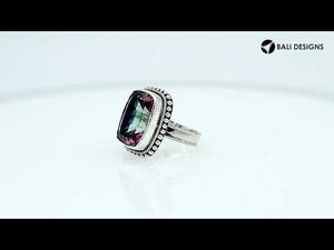 Wholesale sterling silver ring with faceted Mystic Topaz, Balinese bead and rope design – bulk handcrafted statement jewelry.