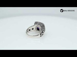 Wholesale sterling silver ring with cushion-cut Amethyst Quartz in a dotted bezel design.