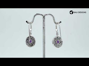 Wholesale Sterling Silver Amethyst Quartz Oval Rope-Frame Earrings With Detailed Balinese-Style Metalwork.