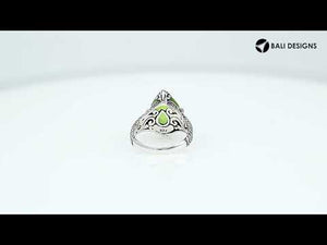 Sterling Silver Peridot Quartz Teardrop Royal Heritage Ring With Balinese Engraving.