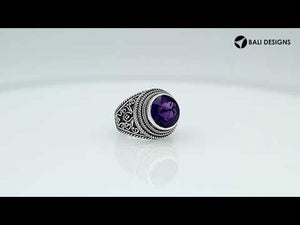 Sterling silver Balinese bold ring with round Amethyst Quartz and rope scroll design handcrafted in Bali.