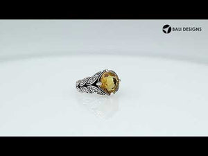 Sterling Silver Ornate Ring With Citrine Quartz And Cubic Zirconia In Balinese Carving Design