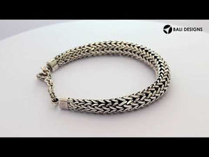Wholesale sterling silver bracelet with thick woven Balinese chain design, oxidized detailing, polished ends, and a secure toggle lock ideal for catalog and bulk orders.