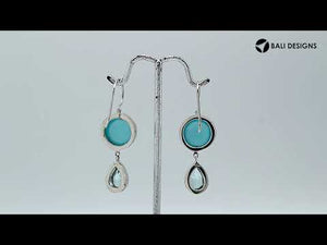 Sterling Silver Blue Chalcedony Quartz and Blue Topaz Quartz dual drop earrings handcrafted in Bali with polished bezel design.