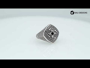 Sterling Silver Square Designer Ring With Plain Silver And Oxidized Detailing