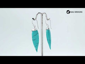 Sterling Silver Turquoise Leaf Dangle Earrings Handcrafted In Bali