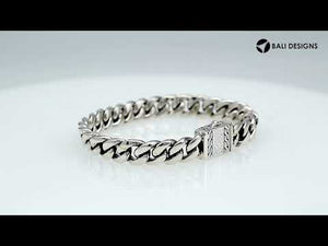 Sterling silver Cuban chain bracelet with engraved Balinese clasp and oxidized finish