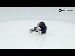 Sterling Silver Amethyst Quartz Oval Shape Ring With Balinese Engraved Band