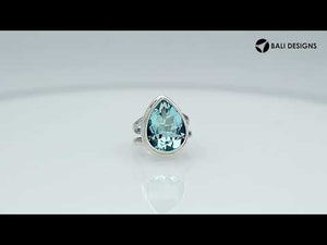 Sterling Silver Ring With Blue Topaz Quartz, Teardrop Bezel Designer Ring, Mirror Polished Silver Finish