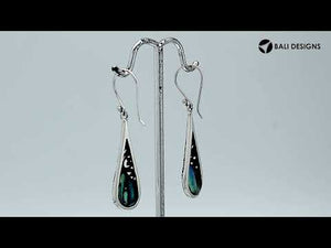 Sterling silver long teardrop earrings with Abalone Shell and Balinese scrollwork design.