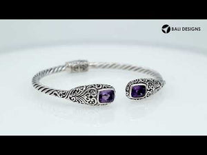 Sterling silver twisted bangle with amethyst quartz ends and Balinese oxidized detailing