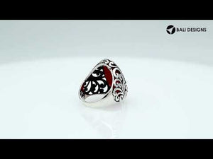Wholesale sterling silver oval Red Coral Shell ring with intricate Bali filigree design and oxidized finish, handcrafted artisan Shell jewelry for bulk orders.