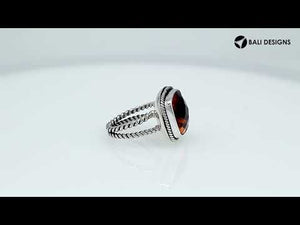 Sterling Silver Ring With Citrine Quartz, Cushion Rope Frame Designer Ring, Mirror Polished Silver Finish