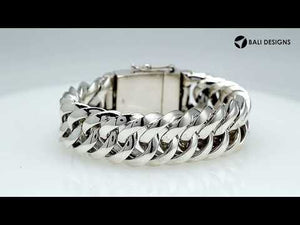 Two-view image of a 21MM wide sterling silver curb bracelet with an engraved decorative box clasp, shown on a white background.
