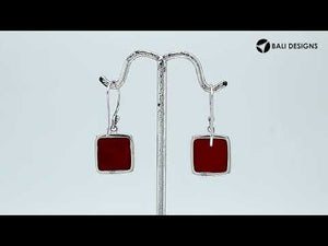 Wholesale sterling silver square Red Coral hook earrings with polished bezel detailing