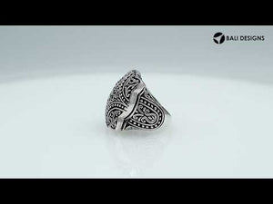 Wholesale sterling silver ornate round filigree ring with Balinese scrollwork, oxidized details, and polished finish, handcrafted artisan jewelry for bulk orders.