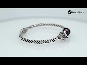 925 Sterling Silver Gray Pearl Bangle with twisted cable design and Balinese handcrafted detailing