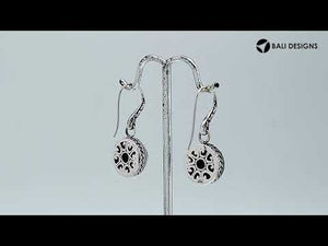 Sterling silver Gray Pearl round drop earrings with oxidized finish and earwire lock.